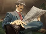  1boy ace_attorney blue_coat blurry blurry_background brown_eyes brown_footwear brown_hair closed_mouth coat collared_shirt crossed_legs facial_hair fedora foot_out_of_frame grey_hat hat highres holding holding_newspaper kune_akiro male_focus mature_male mustache necktie newspaper red_necktie shirt shoes sitting solo the_great_ace_attorney thick_eyebrows white_shirt yujin_mikotoba 