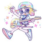  1girl baseball_cap blonde_hair commentary_request commission dot_nose fang full_body grey_eyes guitar hat highres holding holding_guitar holding_instrument holding_plectrum inkling inkling_girl inkling_player_character instrument korean_commentary medium_hair open_mouth plectrum pointy_ears shoes simple_background smile solo sparkle splatoon_(series) sticker tentacle_hair ufo_sw watermark white_background white_footwear 