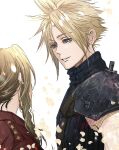  1boy 1girl aerith_gainsborough armor blonde_hair blue_eyes blue_shirt brown_hair cloud_strife earrings final_fantasy final_fantasy_vii final_fantasy_vii_rebirth final_fantasy_vii_remake highres jacket jewelry long_hair looking_at_another parted_lips red_jacket shirt short_hair shoulder_armor sidelocks single_earring single_shoulder_pad sleeveless sleeveless_turtleneck smile spiky_hair suspenders turtleneck ukanicoponpon wavy_hair white_background 