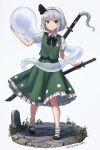  1girl :o ankle_socks black_bow black_bowtie black_footwear black_hairband black_ribbon bobby_socks bow bowtie collared_shirt commentary frilled_skirt frills full_body grass green_eyes green_skirt green_vest grey_hair hair_ribbon hairband hand_up highres hitodama hitodama_print holding holding_sword holding_weapon katana konpaku_youmu konpaku_youmu_(ghost) looking_at_viewer mary_janes parted_lips plant puffy_short_sleeves puffy_sleeves ribbon sheath sheathed shirt shoes short_hair short_sleeves simple_background skirt skirt_set socks solo standing sword sword_on_back touhou twitter_username vest weapon weapon_on_back white_background white_shirt white_socks zaki_(zakiswan) 