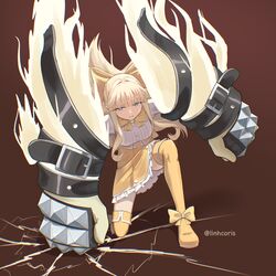  1girl :3 absurdres ankle_bow arm_belt belt belt_buckle black_belt blonde_hair blue_eyes boots bow bowtie brass_knuckles breasts brown_background buckle buttons commentary fold-over_boots footwear_bow frilled_skirt frills hair_bow hair_intakes high-waist_skirt highres linhcoris lips long_hair looking_at_viewer magia_sulfur magical_girl mahou_shoujo_ni_akogarete miniskirt on_one_knee shirt skirt small_breasts solo suspender_skirt suspenders tenkawa_kaoruko thigh_boots twitter_username weapon white_shirt yellow_bow yellow_footwear yellow_gemstone yellow_skirt 