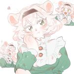  +_+ 1girl :t animal_ears animal_hands body_fur brown_hairband closed_eyes closed_mouth colored_eyelashes dress fangs frilled_shirt_collar frills furry furry_female green_dress green_eyes hairband hand_on_own_cheek hand_on_own_face hands_up highres juliet_sleeves lion_ears lion_girl long_sleeves looking_at_viewer multiple_views open_mouth original puffy_sleeves rata_(norahasu) scribble short_hair simple_background sparkle upper_body whiskers white_background white_fur 