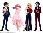  athrun_zala blonde_hair blue_eyes blue_hair bouquet brother_and_sister brown_eyes brown_hair cagalli_yula_athha dress flower formal green_eyes gundam gundam_seed gundam_seed_destiny hair_ornament haro highres holding holding_bouquet kira_yamato lacus_clyne official_alternate_costume official_art pants pink_dress pink_hair short_hair siblings smile suit violet_eyes yellow_eyes 