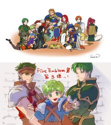  3girls 6+boys armor arrow_(projectile) black_hair board_game boyd_(fire_emblem) brick_wall brown_hair cape card card_game closed_eyes commentary crossed_arms fingerless_gloves fire_emblem fire_emblem:_path_of_radiance fire_emblem_cipher gatrie_(fire_emblem) gloves green_eyes green_hair hair_ornament half-siblings headband hooded_robe ike_(fire_emblem) indian_style kita_senri kneeling long_hair mayo_(becky2006) mia_(fire_emblem) mist_(fire_emblem) multiple_boys multiple_girls official_art on_floor open_mouth orange_hair oscar_(fire_emblem) playing_card ponytail purple_hair quiver redhead rhys_(fire_emblem) robe rolf_(fire_emblem) seiza shinon_(fire_emblem) short_hair siblings signature sitting smile soren_(fire_emblem) thinking titania_(fire_emblem) 