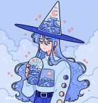  1girl anime_coloring bad_id bad_instagram_id belt belt_buckle blue_background blue_belt blue_eyes blue_hair blue_hat blue_pants blue_shirt blue_theme buckle closed_mouth clouds cowboy_shot crescent crescent_moon cup denim disposable_cup drink drinking_straw drop_earrings earrings emily_kim hat highres holding holding_drink instagram_username jeans jewelry long_hair long_sleeves moon moon_phases moon_print original pants puffy_long_sleeves puffy_sleeves see-through_headwear shirt simple_background smile solo sparkle star_(symbol) star_earrings turtleneck turtleneck_shirt very_long_hair wave_print waves wavy_hair witch witch_hat 