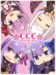  4girls bb_(fate) bb_(fate/extra) black_coat black_dress blue_eyes blue_ribbon blush border breasts chibi closed_eyes closed_mouth coat coif demon_pillar_(fate) dress facing_viewer fate/extra fate/extra_ccc fate/grand_order fate_(series) gloves gold_necklace hair_between_eyes hair_ribbon hand_up jewelry large_breasts long_hair long_sleeves looking_at_viewer meltryllis_(fate) multiple_girls neck_ribbon necklace open_clothes open_coat open_mouth outline passionlip_(fate) pink_background pink_ribbon purple_hair red_ribbon ribbon rioshi sessyoin_kiara shirt sleeves_past_fingers sleeves_past_wrists smile triangle_mouth violet_eyes white_border white_gloves white_outline white_shirt white_veil wide_sleeves 
