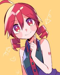  1girl ahoge alternate_hairstyle arrow_(symbol) blush_stickers collared_shirt drill_hair index_finger_raised kasane_teto looking_at_viewer red_eyes redhead shirt sleeveless sleeveless_shirt smile solo twin_drills utau yellow_background yuusuke-kun 