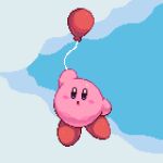  :o arm_up balloon blue_eyes blue_sky blush blush_stickers clouds commentary day english_commentary floating highres kirby kirby_(series) looking_at_viewer no_humans open_mouth outdoors pixel_art pixel_pit sky solo 