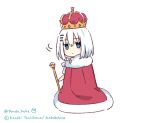  1girl arched_crown blue_eyes cape chibi date_a_live emperor&#039;s_new_clothes fur-trimmed_cape fur_trim hair_ornament hairclip red_cape scepter short_hair solo tobiichi_origami tsunako white_hair 