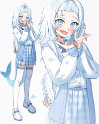  1girl absurdres animal_print backpack bag blue_eyes blue_hair blue_skirt character_charm charm_(object) double_w fins fish_print fish_tail gawr_gura gawr_gura_(school_uniform) highres hololive hololive_english loafers looking_at_viewer multicolored_hair ninomae_ina&#039;nis open_mouth plaid plaid_skirt shark_girl shark_tail sharp_teeth shirt shoes simple_background skirt star_(symbol) star_print tail takanashi_kiara teeth thigh-highs trident_print virtual_youtuber w waligner watson_amelia white_background white_hair white_shirt white_thighhighs 