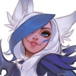  1girl animal_ears artist_name black_eyeliner black_eyeshadow blue_eyes blue_hair eyeliner eyeshadow feathers hair_over_one_eye highres kisume_to league_of_legends long_hair looking_at_viewer makeup multicolored_hair simple_background smile ssg_xayah two-tone_hair white_background white_hair xayah 