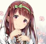  1girl blush breasts brown_eyes brown_hair closed_mouth dot_nose floral_background flower gradient_background green_hairband hairband hands_up highres idolmaster idolmaster_million_live! idolmaster_million_live!_theater_days jacket long_hair long_sleeves looking_at_viewer medium_breasts necktie pink_flower portrait rauto sidelocks smile solo striped_necktie tanaka_kotoha two-tone_background two-tone_necktie white_jacket 