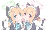  2girls animal_ear_headphones animal_ears apron black_dress blonde_hair blue_archive cat_tail closed_mouth dress fake_animal_ears green_eyes green_halo halo headphones heart long_sleeves looking_at_viewer maid maid_apron maid_headdress midori_(blue_archive) midori_(maid)_(blue_archive) momoi_(blue_archive) momoi_(maid)_(blue_archive) multiple_girls official_alternate_costume pink_halo red_eyes ruten_(onakasukusuku) short_hair smile tail white_apron 