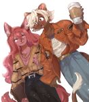  2girls animal_ears art_trade black_pants blonde_hair blush body_fur brown_cardigan brown_fur cardigan coffee_cup cowboy_shot cup disposable_cup dutch_angle english_commentary fangs fur-tipped_tail furry furry_female hair_between_eyes hand_up highres holding holding_cup jacket jewelry lion_ears lion_girl lion_tail long_hair long_sleeves looking_at_another multiple_girls necklace open_mouth orange_jacket original pants pink_fur pink_hair rata_(norahasu) short_hair simple_background standing tail very_long_hair violet_eyes white_background wolf_ears wolf_girl wolf_tail 