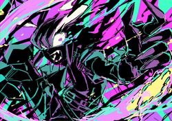  1boy angry belt black_jacket crying fingernails fire fuji_den_fujiko green_fire hair_between_eyes highres jacket lio_fotia looking_at_viewer male_focus medium_hair multiple_belts neon_palette pink_fire promare purple_fire sharp_fingernails sharp_teeth short_hair solo teeth wide-eyed 