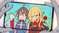  1girl 2boys ahoge amanhecer_eod armor black_eyes blonde_hair blue_robe blurry blurry_background blush brown_hair ciel_(mega_man) claw_pose commentary_request cyber_elf_x_(mega_man) green_eyes holding holding_phone long_hair looking_to_the_side mega_man_(series) mega_man_zero_(series) multicolored_hair multiple_boys no_headwear phone rainbow_hair red_armor red_helmet robe robot_ears taking_picture translation_request user_interface x_(mega_man) zero(z)_(mega_man) zero_(mega_man) 