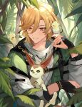  1boy ari_(bleum) bird black_gloves blonde_hair earrings fingerless_gloves fox genshin_impact gloves green_jacket green_vest hair_between_eyes highres jacket jewelry kaveh_(discovery)_(genshin_impact) kaveh_(genshin_impact) leaf long_sleeves male_focus official_alternate_costume orange_eyes shirt smile solo teeth tree vest white_shirt 