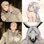  2boys alternate_form animal_ears arm_tattoo armor blonde_hair blush closed_eyes drakeposting_(meme) dungeon_meshi elf grey_hair hand_up happy highres invisibl3museum laios_touden long_hair looking_at_viewer looking_back low_twintails lycion male_focus meme multiple_boys notched_ear plate_armor pointy_ears rejection short_hair smile straight-on tattoo topless_male twintails werewolf wolf wolf_ears yellow_eyes 