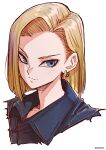  1girl android_18 aosora2823 artist_name blonde_hair blue_eyes closed_mouth cropped_torso dragon_ball dragon_ball_z earrings hair_intakes highres jewelry looking_at_viewer medium_hair simple_background smile solo upper_body white_background wing_collar 