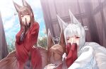  3girls absurdres age_difference amagi-chan_(azur_lane) amagi_(azur_lane) animal_ear_fluff animal_ears azur_lane blue_sky blunt_bangs blush breasts bridal_gauntlets brown_hair closed_eyes clouds cloudy_sky commentary covered_eyes dated_commentary flying_sweatdrops fox_ears fox_girl fox_tail hair_ornament hand_up hands_on_another&#039;s_face highres hug japanese_clothes kaga_(azur_lane) kimono kitsune kneeling kyuubi large_breasts long_hair looking_at_another looking_to_the_side multiple_girls multiple_tails red_kimono samip short_hair sidelocks sky smile standing sweatdrop tail thick_eyebrows twintails violet_eyes white_hair white_kimono wide_sleeves wooden_wall 