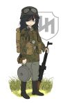  1girl absurdres backpack bag black_cat03 black_footwear boots canteen closed_mouth explosive germany goggles goggles_on_headwear grass green_eyes grenade gun hat highres holding holding_gun holding_weapon kuroki_tomoko long_hair looking_at_viewer military_uniform mine_(weapon) nazi shirt simple_background solo uniform waffen-ss watashi_ga_motenai_no_wa_dou_kangaetemo_omaera_ga_warui! weapon white_background world_war_ii 