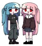  2girls alternate_costume argyle_clothes argyle_skirt arms_at_sides black_footwear black_skirt blue_hair brown_sweater cargo_pants chibi collared_shirt dress_shirt efra-chan full_body green_pants kotonoha_akane kotonoha_aoi long_hair long_sleeves looking_at_viewer low-tied_sidelocks mahjong_tile multiple_girls off-shoulder_sweater off_shoulder one_side_up open_mouth pants pink_hair pleated_skirt print_shirt red_eyes shirt shoes short_sleeves skirt smile socks standing sweater t-shirt tareme transparent_background very_long_hair voiceroid white_shirt white_socks 