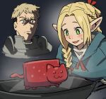  1boy 1girl :d angry armor blonde_hair blue_capelet blue_robe braid capelet commentary_request dungeon_meshi elf frown green_eyes highres laios_touden long_hair looking_at_another looking_down marcille&#039;s_familiar marcille_donato nyan_cat plate_armor pointy_ears robe short_hair smile tenten_(chan4545) upper_body v-shaped_eyebrows wok 