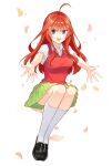 1girl absurdres ahoge bare_arms bare_legs black_footwear blue_eyes breasts collared_shirt falling_petals go-toubun_no_hanayome green_skirt hair_ornament highres kneehighs legs_together loafers long_hair looking_at_viewer meijin_kusano nakano_itsuki open_mouth outstretched_arms petals red_vest redhead school_uniform shirt shoes short_sleeves skirt smile socks star_(symbol) star_hair_ornament vest white_background white_shirt white_socks yellow_star 