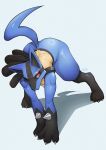  agitype01 all_fours animal_ears artist_name bent_over black_fur blue_fur blue_tail claws grey_background highres jackal_ears looking_to_the_side lucario multicolored_fur pokemon pokemon_(creature) red_eyes shadow simple_background solo yellow_fur 
