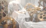  1girl bridal_veil closed_eyes closed_mouth dress e.g.o_(project_moon) facing_up faust_(project_moon) gears gloves hand_on_own_chest holding holding_weapon light_rays limbus_company project_moon shi91732 short_hair solo veil weapon white_dress white_gloves white_hair 