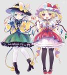  2girls ascot bat_wings black_footwear black_hat black_thighhighs blonde_hair blouse bow buttons crystal diamond_button eyeball flandre_scarlet frilled_shirt_collar frilled_sleeves frills green_hair green_skirt hat hat_bow hat_ribbon heart heart_of_string hiyuu_(hiyualice) komeiji_koishi mob_cap multicolored_wings multiple_girls one_side_up open_mouth puffy_short_sleeves puffy_sleeves red_eyes red_skirt red_vest ribbon shirt short_sleeves side_ponytail skirt skirt_set smile thigh-highs touhou vest white_background white_hat white_thighhighs wide_sleeves wings yellow_ascot yellow_bow yellow_ribbon yellow_shirt 