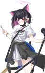  1girl animal_ears black_hair black_mask blue_archive cat_ears clothes_around_waist fork halo highres holding holding_fork holding_microphone_stand jacket jacket_around_waist kazusa_(band)_(blue_archive) kazusa_(blue_archive) lamune_otohara looking_at_viewer mask microphone microphone_stand mouth_mask official_alternate_costume pink_hair pink_halo red_eyes shirt short_hair skirt solo thigh_strap white_background white_shirt white_skirt 