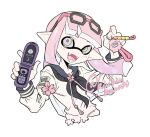  1girl black-framed_eyewear cellphone cropped_torso eyewear_on_head fangs glasses highres holding holding_phone inkling inkling_girl inkling_player_character kiwi_splatoon long_hair open_mouth phone pink_hair pointy_ears sailor_collar sailor_shirt shirt simple_background smile solo splatoon_(series) tentacle_hair upper_body violet_eyes white_background 