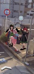  4girls ;3 ;d animal_ears asymmetrical_legwear black_footwear black_hair black_hairband black_hat black_wings blue_shirt bow cape cat_ears cat_girl commentary_request double_v dress google_street_view green_bow green_dress green_hair green_skirt hair_bow hairband hat hat_ribbon heart high_school_girls_posing_for_google_street_view_(meme) highres kaenbyou_rin komeiji_koishi komeiji_satori long_hair long_sleeves looking_at_viewer meme mismatched_legwear multiple_girls one_eye_closed open_mouth outdoors pink_skirt red_eyes redhead reiuji_utsuho ribbon shirt short_hair sidelocks skirt slippers smile socks standing standing_on_one_leg third_eye touhou utsuro114514 v white_socks wings 