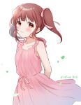  1girl arms_behind_back blush brown_hair collarbone dress falling_petals idolmaster idolmaster_shiny_colors light_smile looking_at_viewer nagi_7g ogata_chieri petals pink_dress sidelocks sideways_glance simple_background sleeveless sleeveless_dress solo twintails white_background 