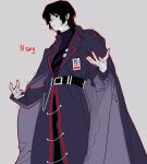  1boy belt black_belt black_eyes black_hair closed_mouth coat coat_on_shoulders collared_shirt covered_eyes highres id_card light_frown limbus_company long_sleeves male_focus pale_skin patchfire project_moon shirt short_hair simple_background solo vest yi_sang_(project_moon) 