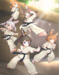  5girls :d absurdres animal_ear_fluff animal_ears barefoot belt black_belt black_hair blue_eyes bright_pupils brown_hair chinese_commentary chips_(food) clenched_hand commentary_request dougi ears_down feet food green_eyes highres kuma-bound long_hair martial_arts_belt multiple_girls open_mouth original outdoors pants ponytail potato_chips rabbit_ears red_eyes sitting smile soles sunlight white_hair white_pants white_pupils yellow_eyes 