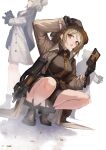  1girl arm_up black_footwear breasts bullpup coat girls_frontline gloves gun hand_on_headwear hat highres light_brown_hair looking_at_viewer official_alternate_costume p90 p90_(girls&#039;_frontline) p90_(the_girl_from_b.e.l)_(girls&#039;_frontline) phone red_eyes squatting submachine_gun weapon yakupan 
