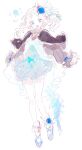  1girl bad_id bad_pixiv_id blue_footwear bubble character_request copyright_request dress frilled_dress frilled_skirt frills hair_ornament jellyfish looking_to_the_side lunch_(lunchicken) medium_hair open_mouth simple_background skirt slippers smile white_background white_hair 