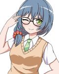  1girl ;) asahi_rokka bang_dream! black-framed_eyewear blue_hair blush breasts brown_sweater_vest closed_mouth collared_shirt commentary_request diagonal-striped_clothes diagonal-striped_necktie glasses green_eyes green_necktie hand_up haneoka_school_uniform highres looking_at_viewer low-tied_medium_hair medium_breasts medium_hair necktie one_eye_closed red_scrunchie school_uniform scrunchie seiso-kei_yurufuwa_bishoujo shirt short_sleeves sidelocks simple_background smile striped_clothes summer_uniform sweater_vest upper_body white_background white_shirt 