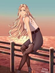  1girl belt blonde_hair blue_eyes blush breasts commentary_request evening grey_skirt highres hornet_(kancolle) kantai_collection long_hair looking_at_viewer mugiaki ocean on_railing outdoors pantyhose railing rudder_footwear shirt shoes skirt sky sleeveless sleeveless_shirt smile solo twitter_username water white_shirt 