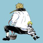  2boys back-to-back black_pants blonde_hair blue_background braid braided_beard buttons chef child closed_mouth crying double-breasted facial_hair itowo_(itowc) multiple_boys one_piece pants peeling red-leg_zeff sanji_(one_piece) shirt simple_background sitting wavy_mouth 