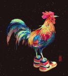  absurdres animal animal_focus artist_logo artist_name beak bird brown_background chicken commentary english_commentary feathers from_side highres no_humans original red_footwear rooster shoes simple_background sneakers solo weiwei_(peevishpants) 