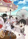  1girl 2boys against_railing amusement_park black_footwear black_hair black_pants black_vest blue_sky carousel chibi chibi_only clouds collared_shirt comiket_92 cover cover_page english_text ferris_wheel grey_jacket hair_over_one_eye happy headwear_with_attached_mittens hgrmtkn inga jacket midriff_peek multiple_boys open_mouth outdoors panda_hat pants pink_shirt railing red_shirt sasa_kazamori shirt short_hair sky smile striped_clothes striped_shirt translation_request un-go vest yellow_eyes yuuki_shinjuurou 