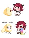  1girl bare_shoulders blue_eyes blush_stickers bow chibi dress food fruit guyrys heterochromia highres hololive hololive_english horns irys_(casualrys)_(hololive) irys_(hololive) lemon lemon_slice licking lienliensn medium_hair meme open_mouth pointy_ears red_eyes redhead smile thour_(meme) tongue tongue_out virtual_youtuber vomiting_rainbows white_dress 