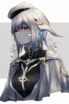  1girl au_ra black_shirt blue_hair breasts capelet colored_skin colored_tips dragon_girl dragon_horns earrings final_fantasy final_fantasy_xiv frown grey_background grey_hair grey_skin hair_between_eyes hat highres horns jewelry looking_at_viewer maho_moco medium_breasts medium_hair multicolored_hair red_eyes scales shirt simple_background solo two-tone_background two-tone_hair warrior_of_light_(ff14) white_background white_capelet white_horns white_scales 