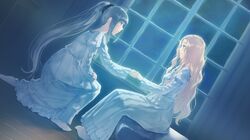  2girls bed blonde_hair blue_eyes blue_hair curtains dutch_angle floorboards flowers_(innocent_grey) game_cg hair_ornament hair_scrunchie holding_hands komikado_nerine long_hair night nightgown one_knee ponytail scrunchie sitting socks sugina_miki window yatsushiro_yuzuriha yuri 