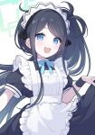  1girl absurdly_long_hair apron aris_(blue_archive) aris_(maid)_(blue_archive) black_dress black_hair blue_archive blue_eyes blush dress frilled_apron frills green_halo halo hayamaro65 highres long_hair looking_at_viewer maid maid_apron maid_headdress official_alternate_costume open_mouth puffy_short_sleeves puffy_sleeves short_sleeves side_ponytail simple_background smile solo very_long_hair white_apron white_background 