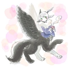  1boy black_wings blue_coat centauroid claws coat commentary_request dragon_horns feathered_wings full_body fur_collar green_eyes grey_hair horns hotathino long_sleeves looking_at_viewer male_focus monster_boy multiple_horns original pink_background short_hair solo taur wings 