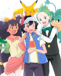  1girl 2boys ash_ketchum axew black_hair blush brown_eyes cilan_(pokemon) closed_eyes creatures_(company) game_freak gen_1_pokemon gen_5_pokemon green_eyes green_hair hat ichi_(pikapikapocket) iris_(pokemon) long_hair multiple_boys nintendo on_head open_mouth pansage pikachu pokemon pokemon_(anime) pokemon_bw_(anime) pokemon_journeys purple_hair smile very_long_hair 